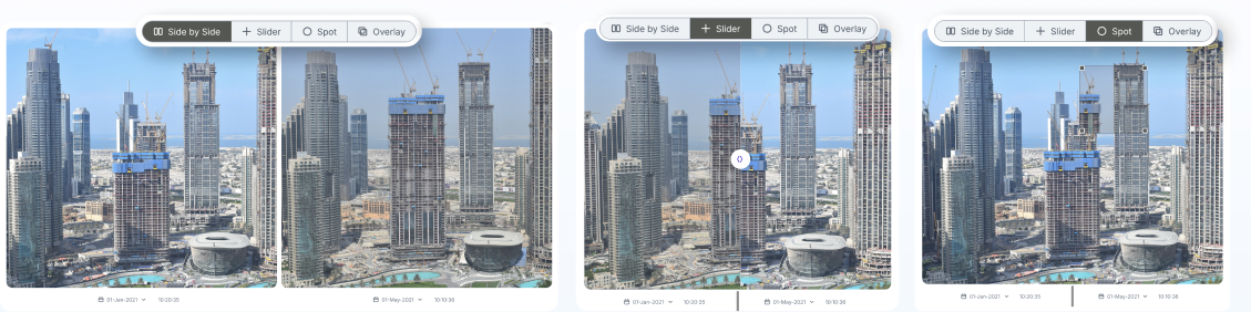 Side by side, slider, and overlay comparison modes